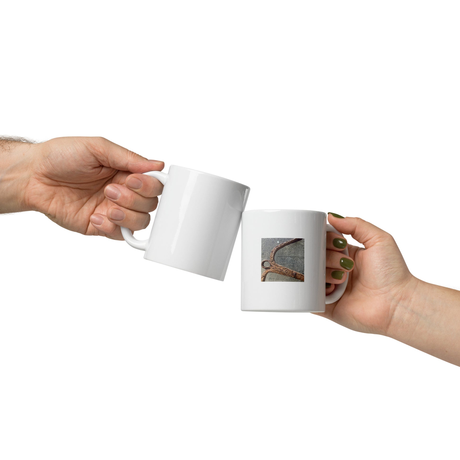 Minimalist streetwear style white glossy mug featuring the 'Anchor' photo art. / モードストリート系ホワイト光沢マグカップ：「アンカー（錨）」のフォトアートを配したデザイン。
