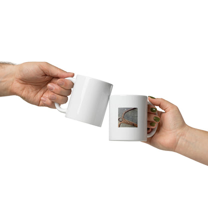 Minimalist streetwear style white glossy mug featuring the 'Anchor' photo art. / モードストリート系ホワイト光沢マグカップ：「アンカー（錨）」のフォトアートを配したデザイン。