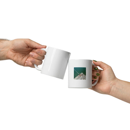 Minimalist art white glossy mug featuring the 'Sea, Pier and Rope' photo art. / ホワイト光沢マグカップ：「海、桟橋、ロープ」のフォトアートを配したミニマリストデザイン。