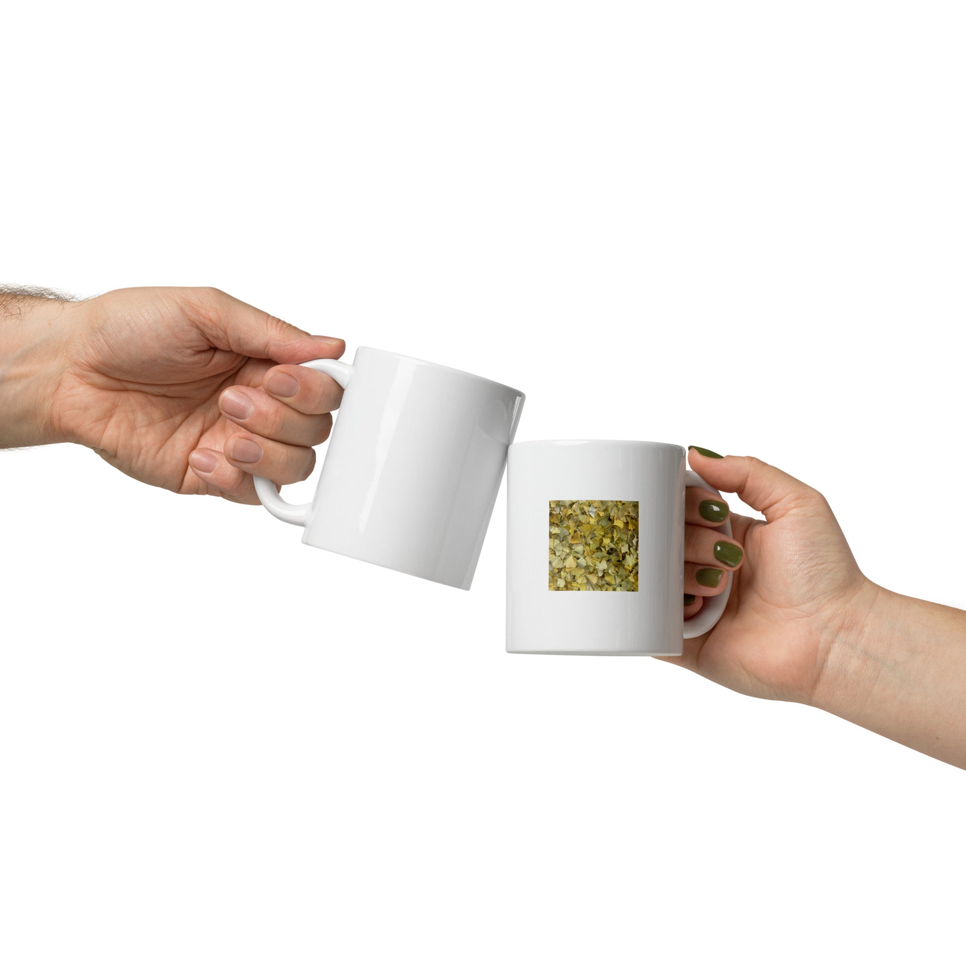 Minimalist art white glossy mug featuring the 'Ginkgo Leaves' photo art. / ホワイト光沢マグカップ：「イチョウの葉」のフォトアートを配したミニマリストデザイン。