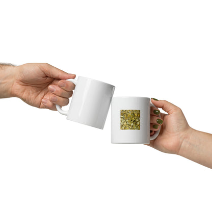 Minimalist art white glossy mug featuring the 'Ginkgo Leaves' photo art. / ホワイト光沢マグカップ：「イチョウの葉」のフォトアートを配したミニマリストデザイン。