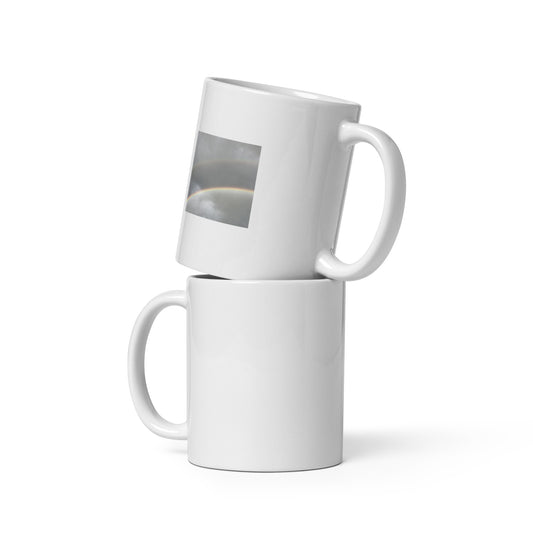 Minimalist art white glossy mug featuring the 'Double Rainbow' photo art. / ホワイト光沢マグカップ：「ダブルレインボー」のフォトアートを配したミニマリストデザイン。