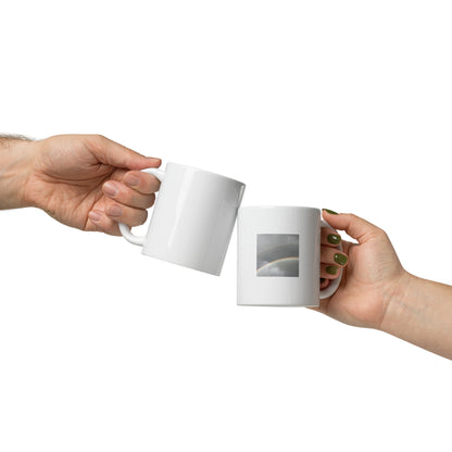 Minimalist art white glossy mug featuring the 'Double Rainbow' photo art. / ホワイト光沢マグカップ：「ダブルレインボー」のフォトアートを配したミニマリストデザイン。