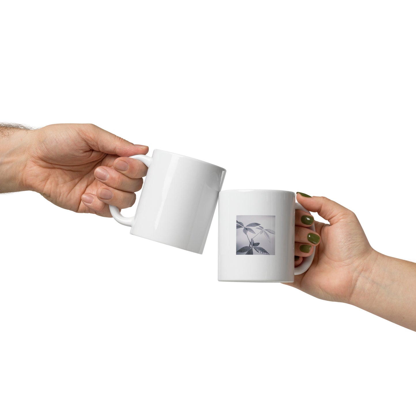 Minimalist art white glossy mug featuring the 'Botanical (B&W)' photo art. / ホワイト光沢マグカップ：「ボタニカル (モノクロ)」のフォトアートを配したミニマリストデザイン。