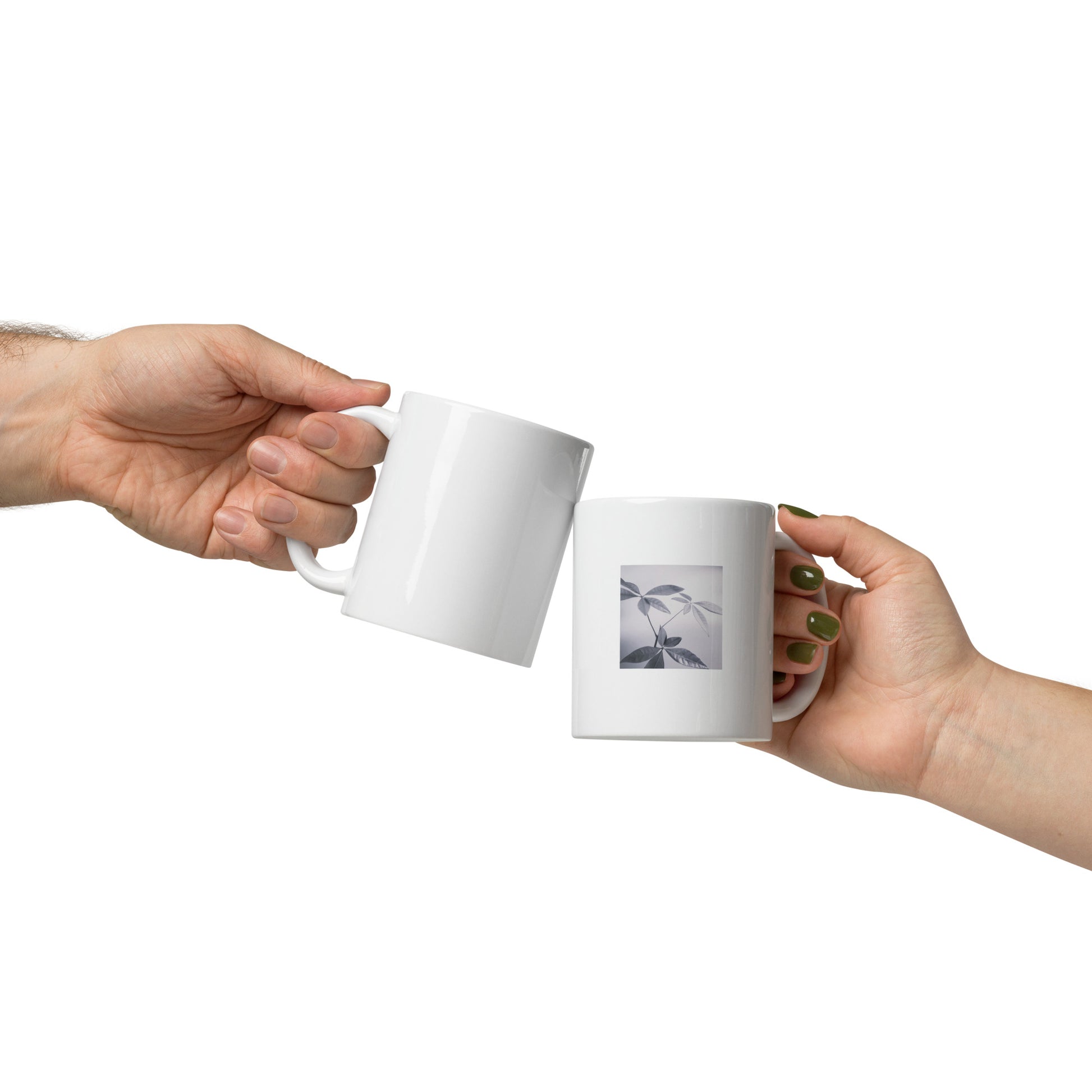 Minimalist art white glossy mug featuring the 'Botanical (B&W)' photo art. / ホワイト光沢マグカップ：「ボタニカル (モノクロ)」のフォトアートを配したミニマリストデザイン。