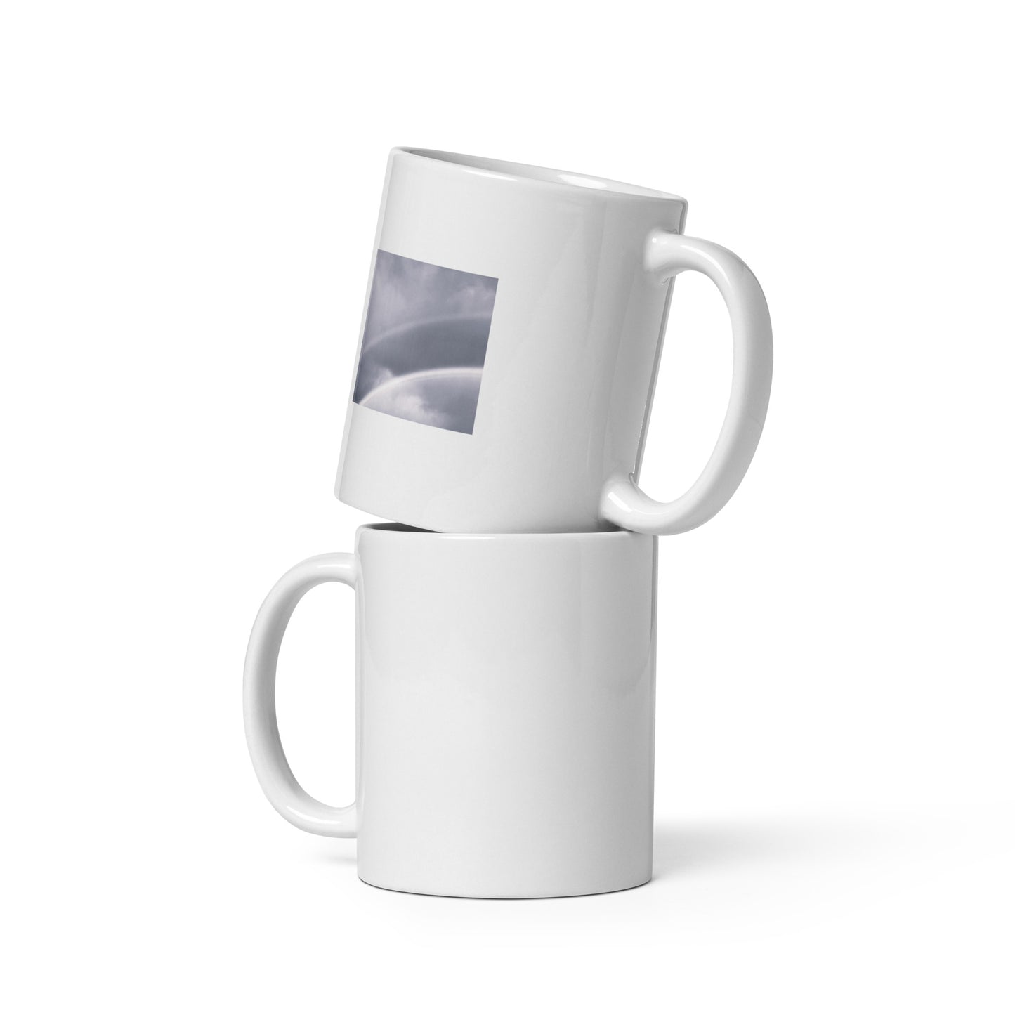 Minimalist art white glossy mug featuring the 'Double Rainbow (B&W)' photo art. / ホワイト光沢マグカップ：「ダブルレインボー (モノクロ)」のフォトアートを配したミニマリストデザイン。