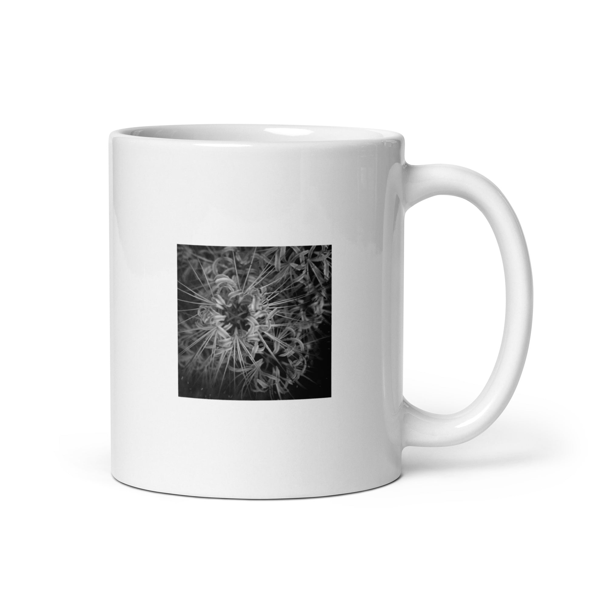 Red Spider Lily B&W Art – White Glossy Mug 11oz, Front View