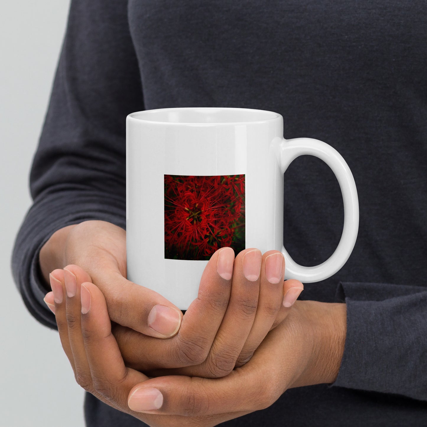Red Spider Lily Botanical Art – White Glossy Mug 11oz, Front View