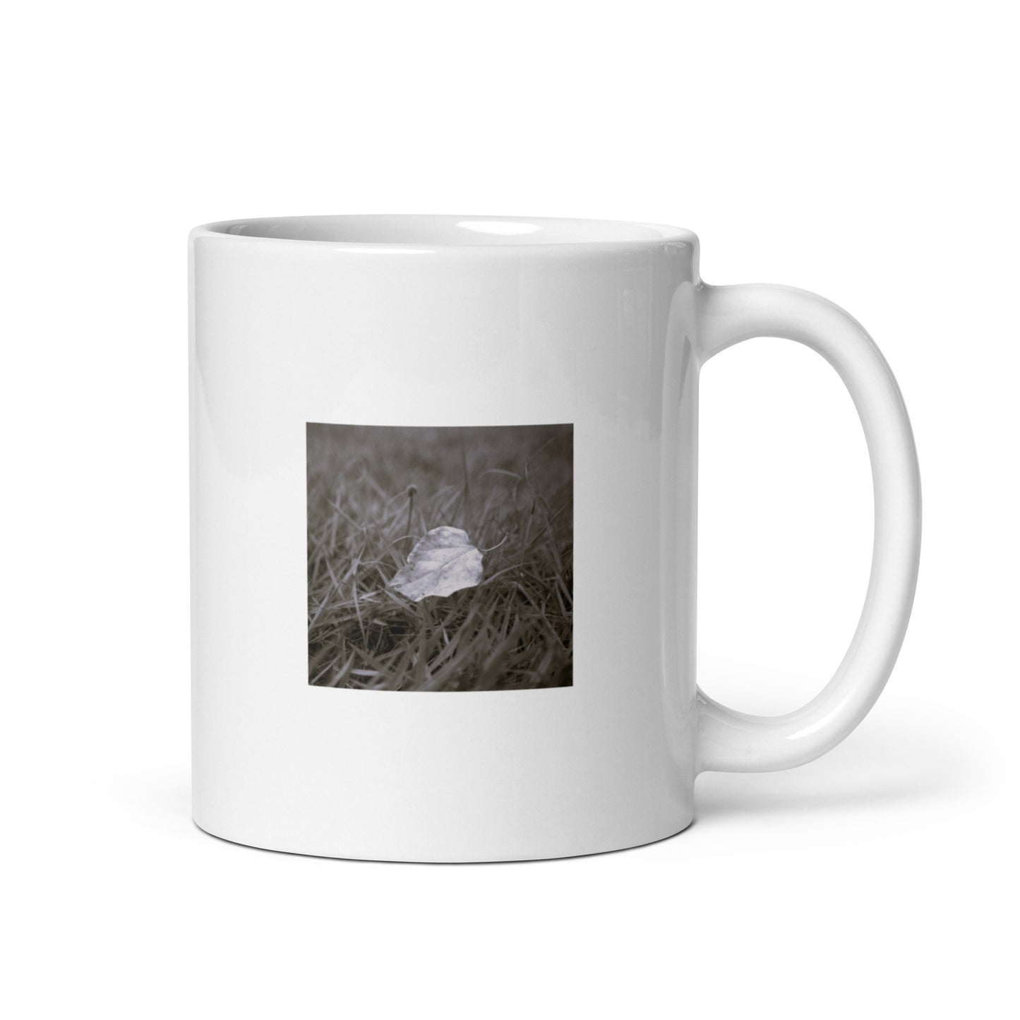 Yellow Fallen Leaf Botanical B&W Art – White Glossy Mug 11oz, Front View