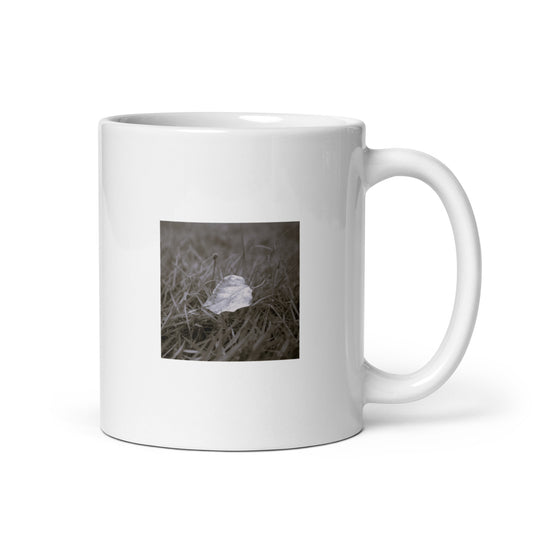 Yellow Fallen Leaf Botanical B&W Art – White Glossy Mug 11oz, Front View
