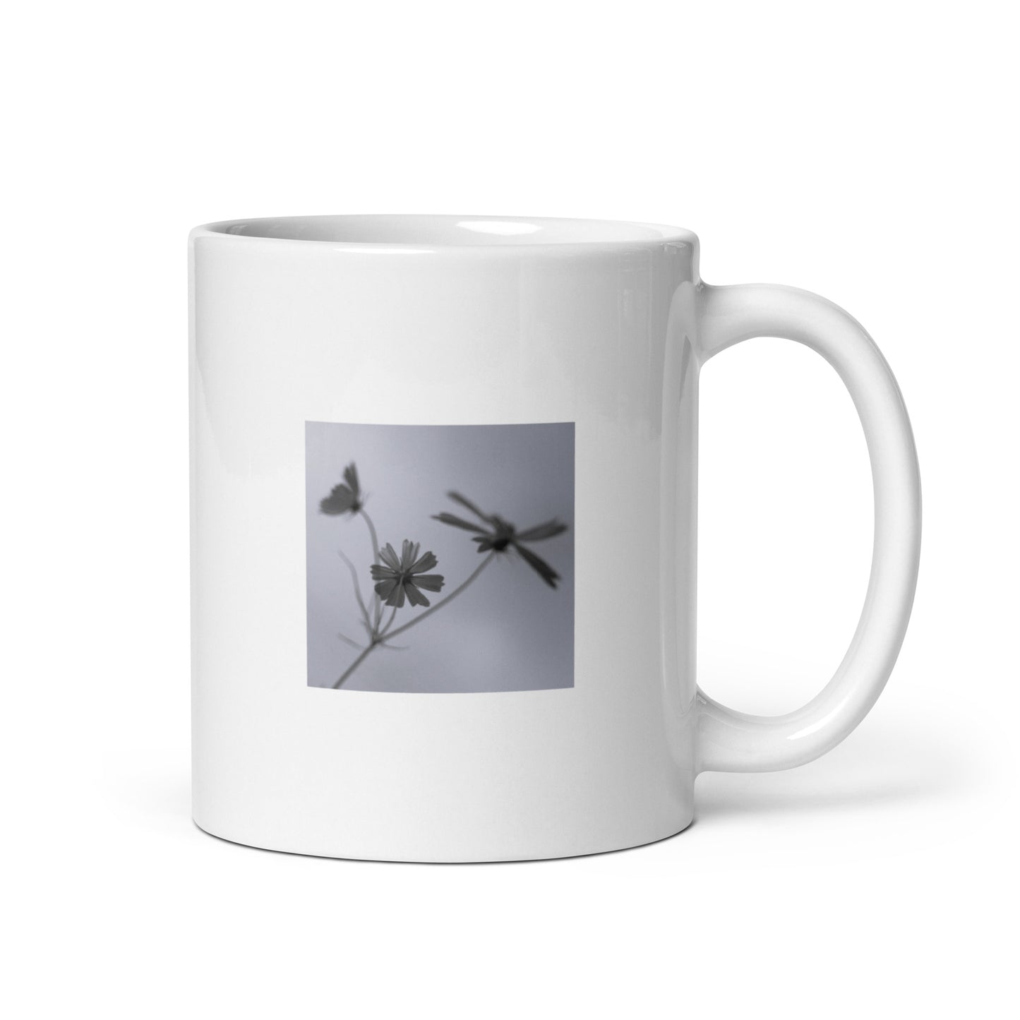 Three Cosmos Flowers Botanical B&W Art – White Glossy Mug 11oz, Front View