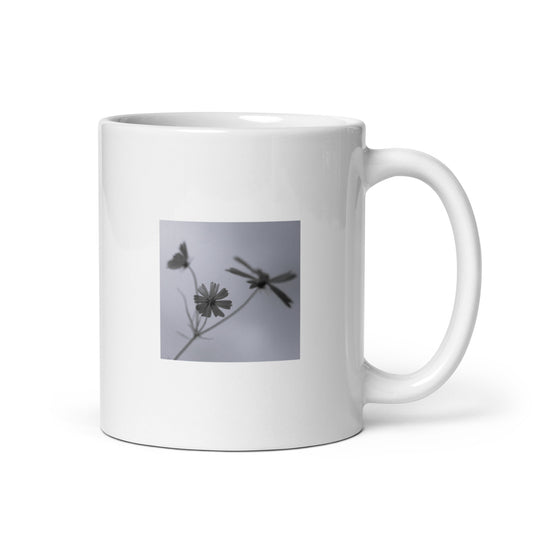 Three Cosmos Flowers Botanical B&W Art – White Glossy Mug 11oz, Front View