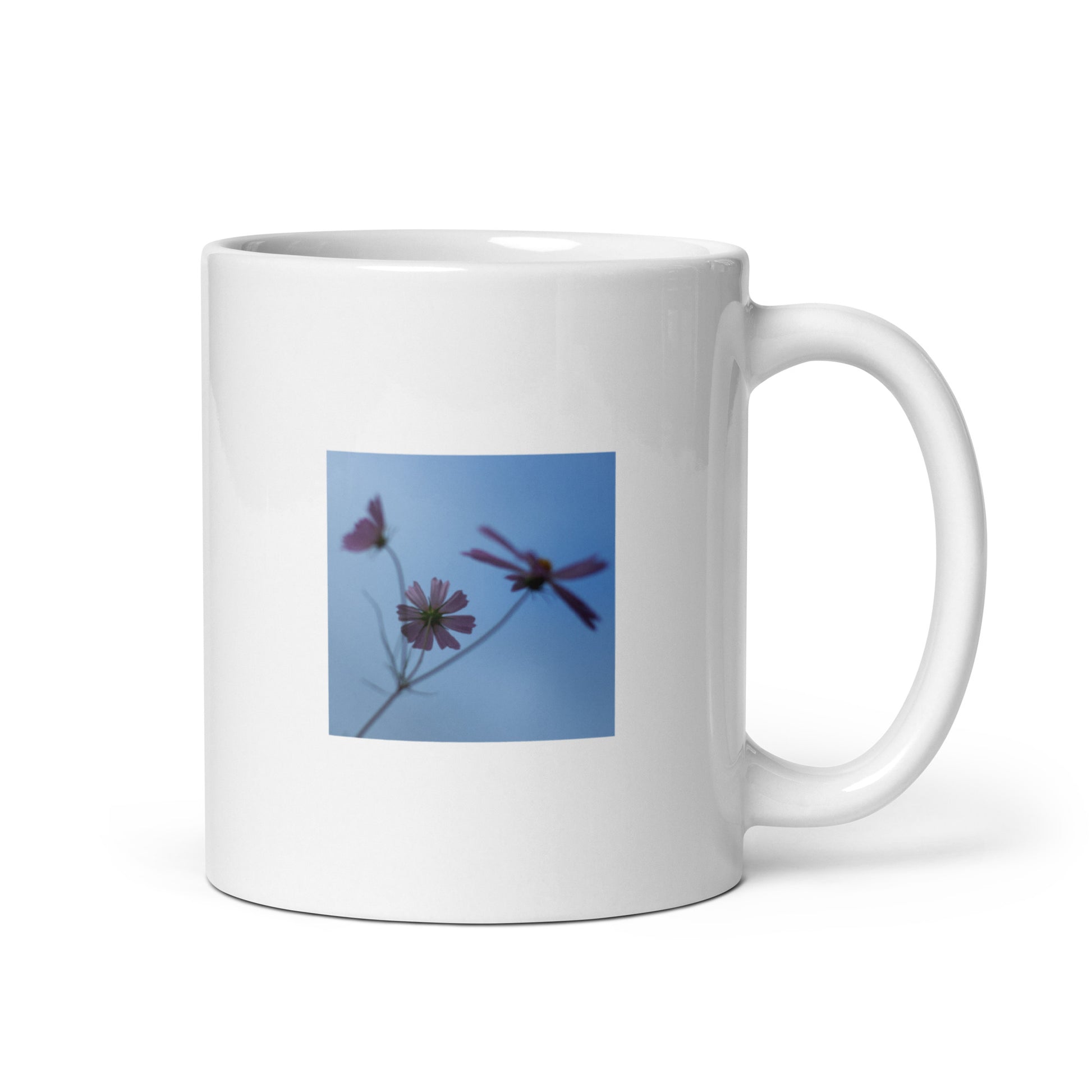 Three Cosmos Flowers Botanical Art – White Glossy Mug 11oz, Front View