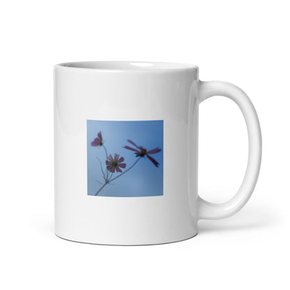 Three Cosmos Flowers Botanical Art – White Glossy Mug 11oz, Front View