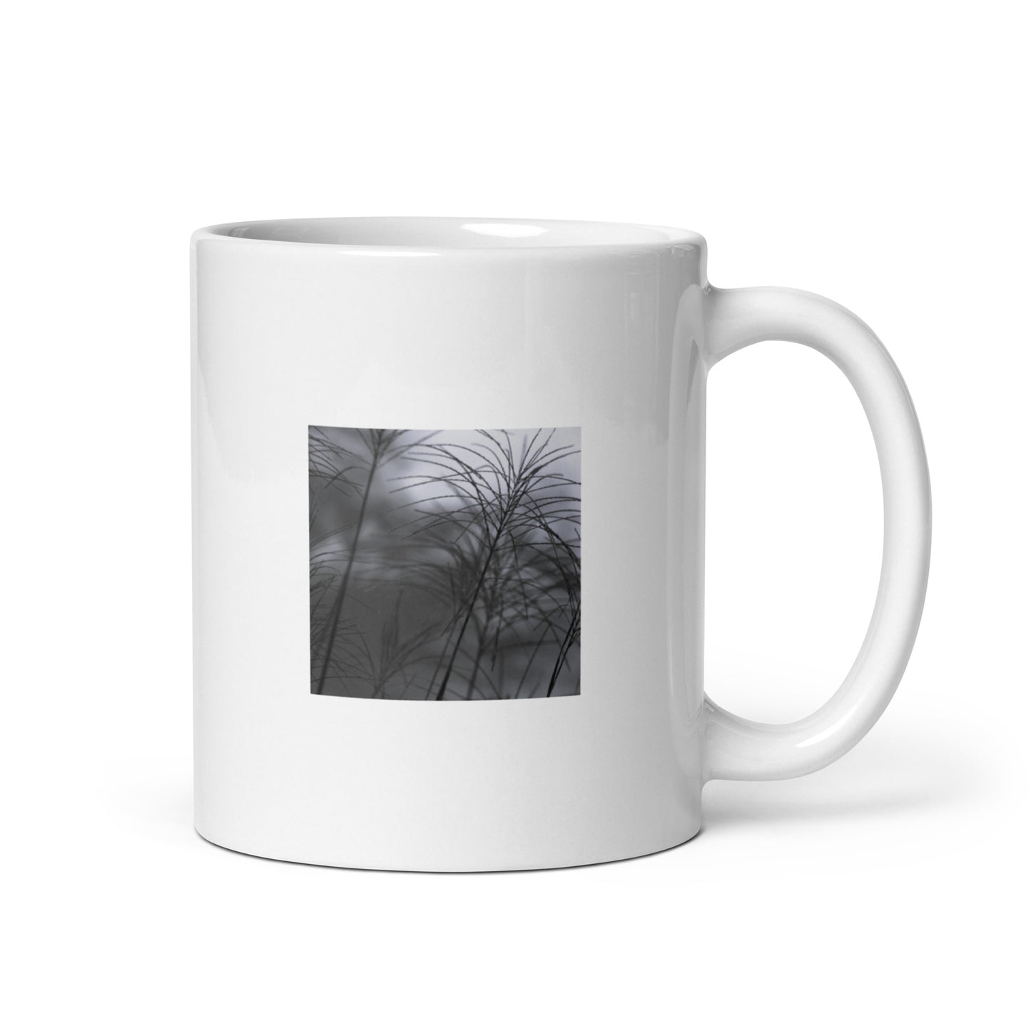 Silver Grass Cluster Botanical B&W Art – White Glossy Mug 11oz, Front View