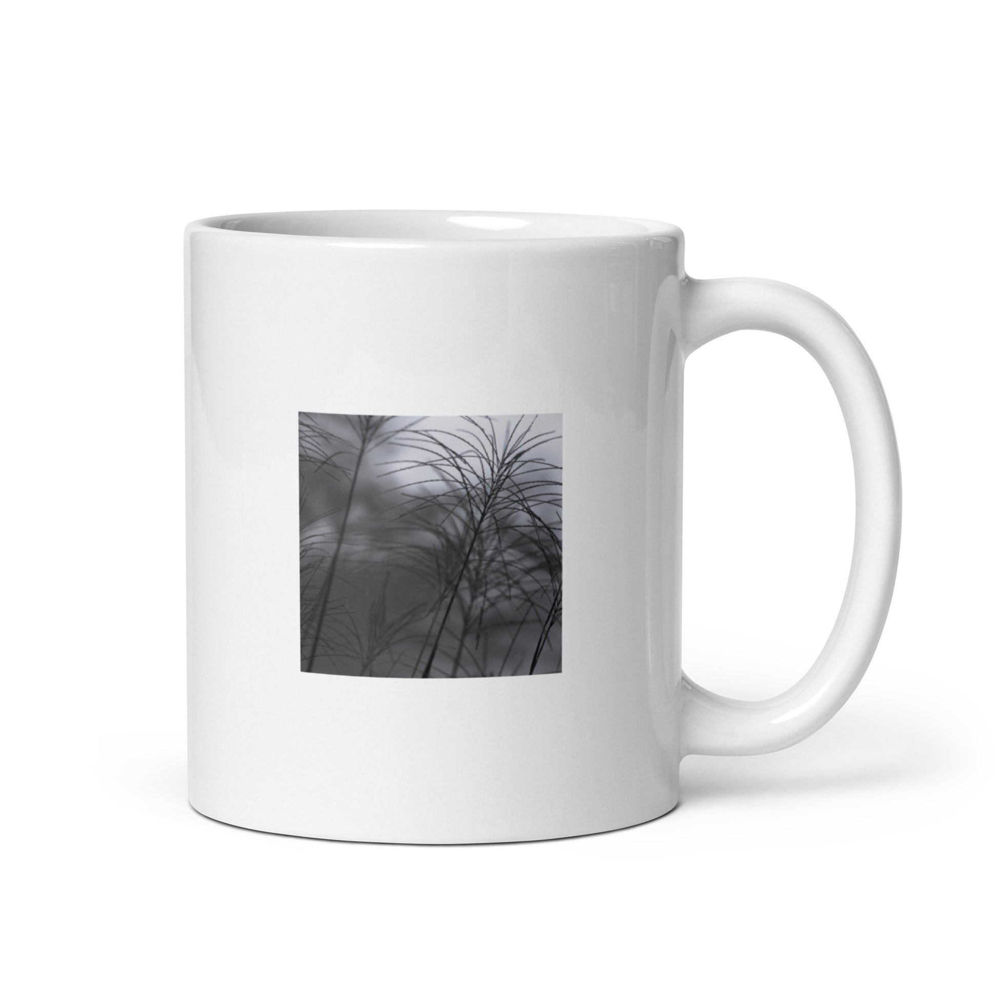Silver Grass Cluster Botanical B&W Art – White Glossy Mug 11oz, Front View