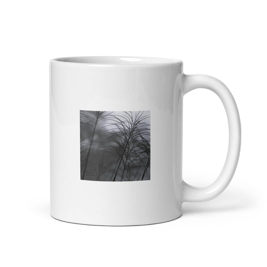 Silver Grass Cluster Botanical B&W Art – White Glossy Mug 11oz, Front View