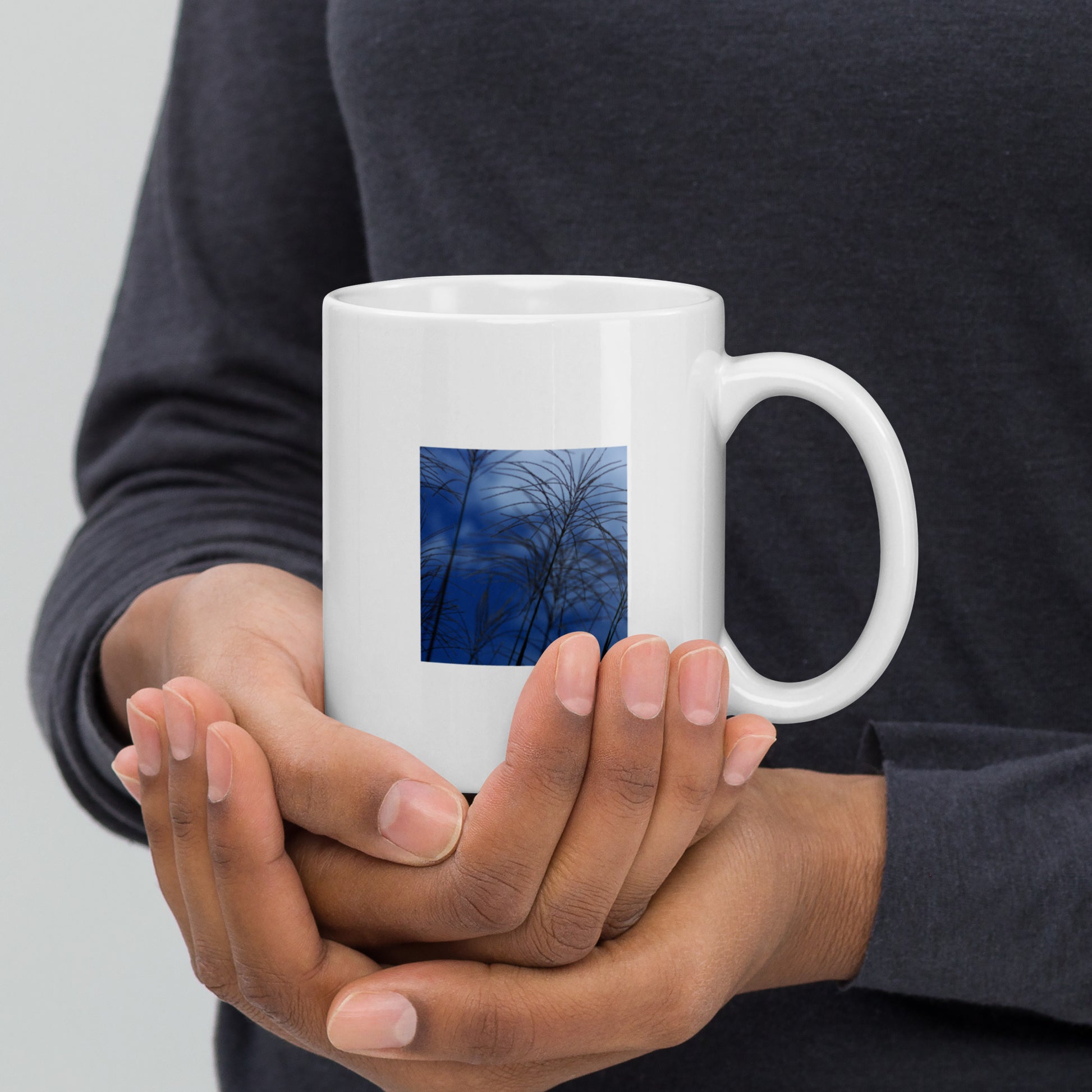 Silver Grass Cluster Botanical Art – White Glossy Mug 11oz, Front View