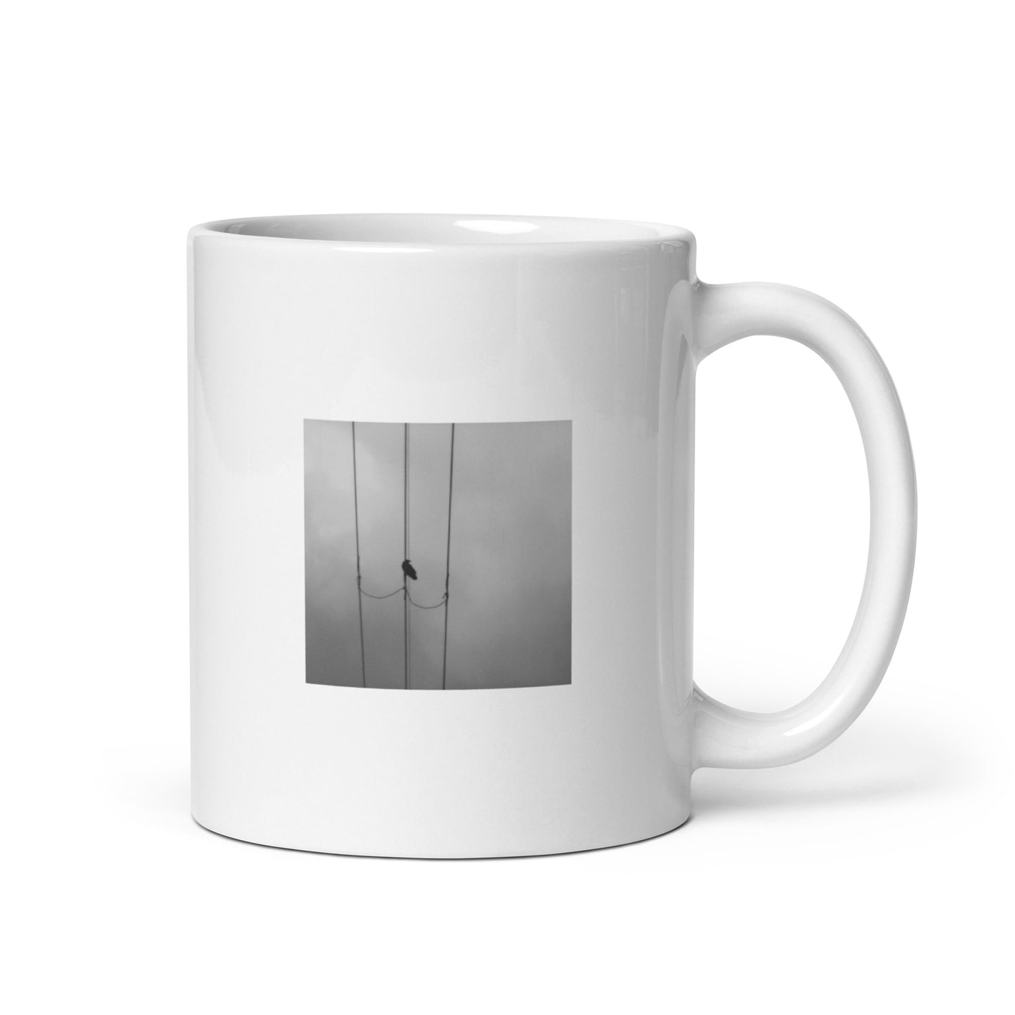 Crow and Power Lines B&W Art – White Glossy Mug 11oz, Front View