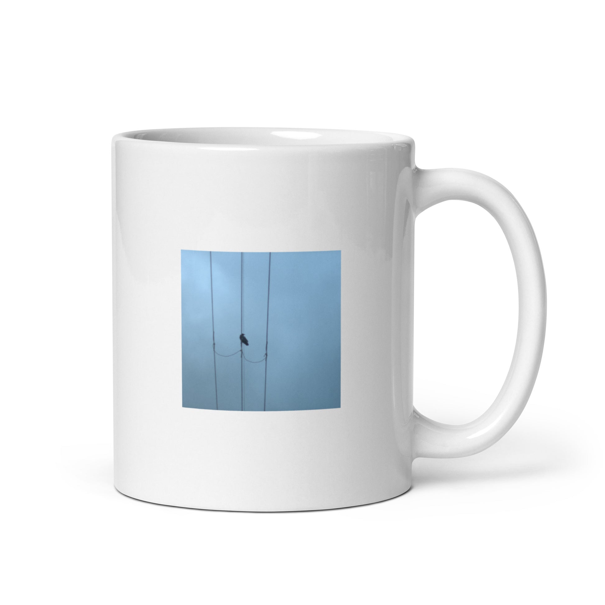 Crow and Power Lines Art – White Glossy Mug 11oz, Front View
