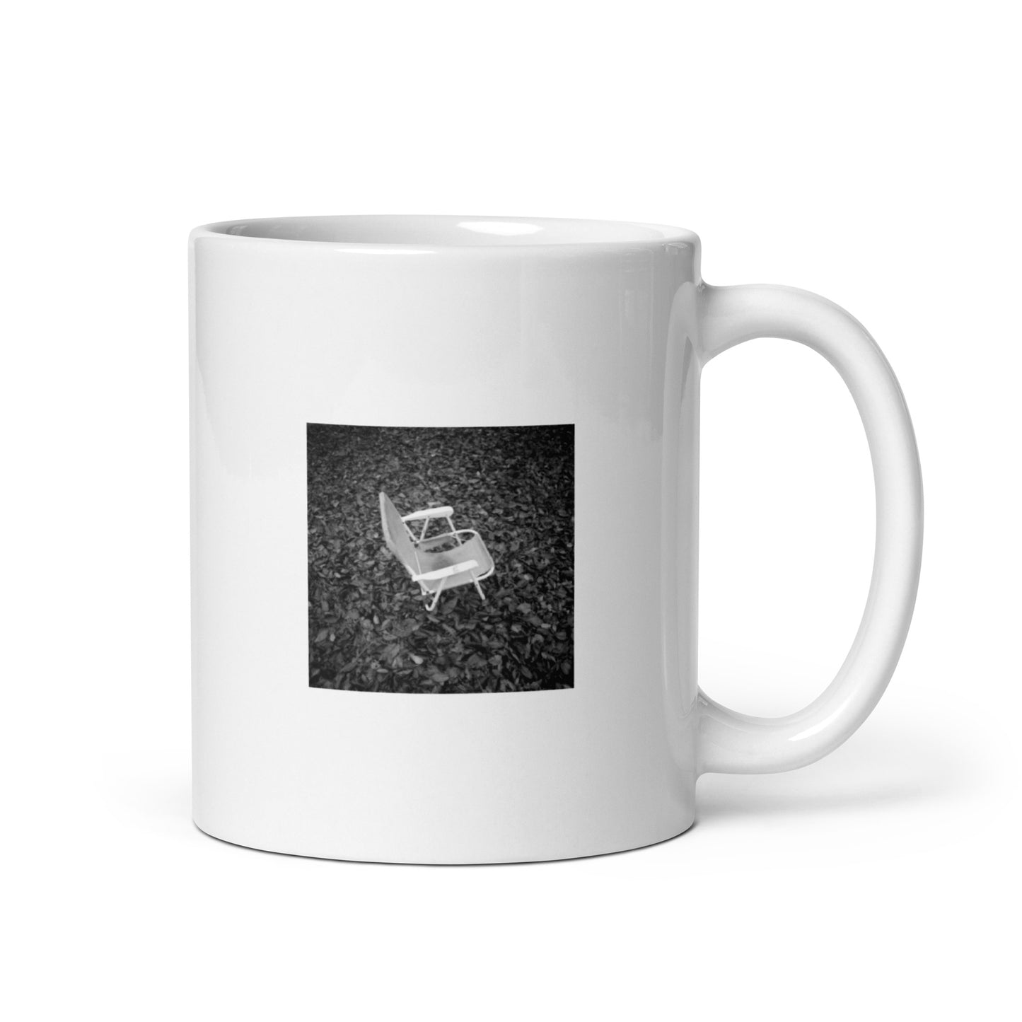 Fallen Leaves and Chair (B&W) Art – Ceramic Mug, Front View