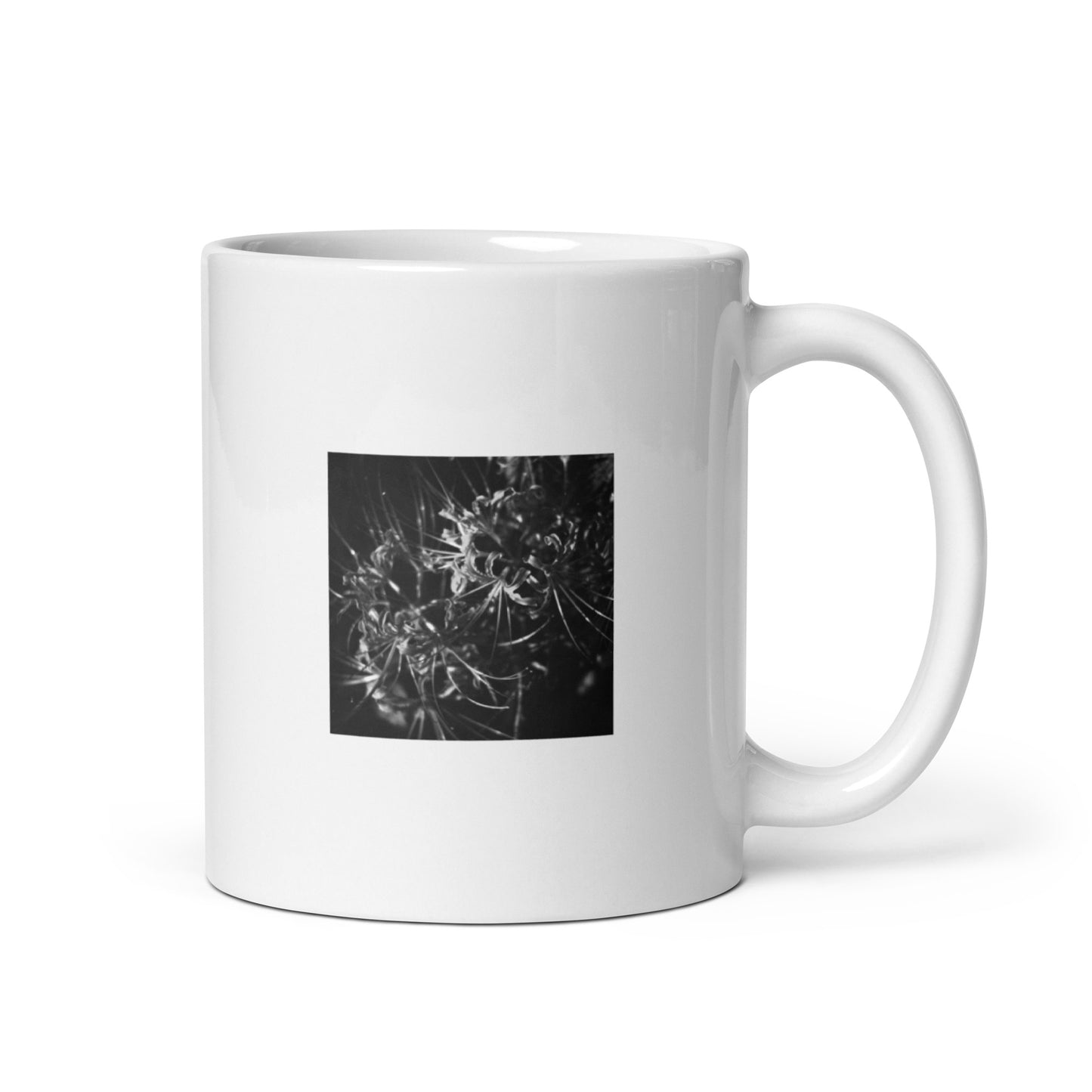 Red Spider Lily (B&W) ceramic mug, front view of 11oz glossy coffee cup