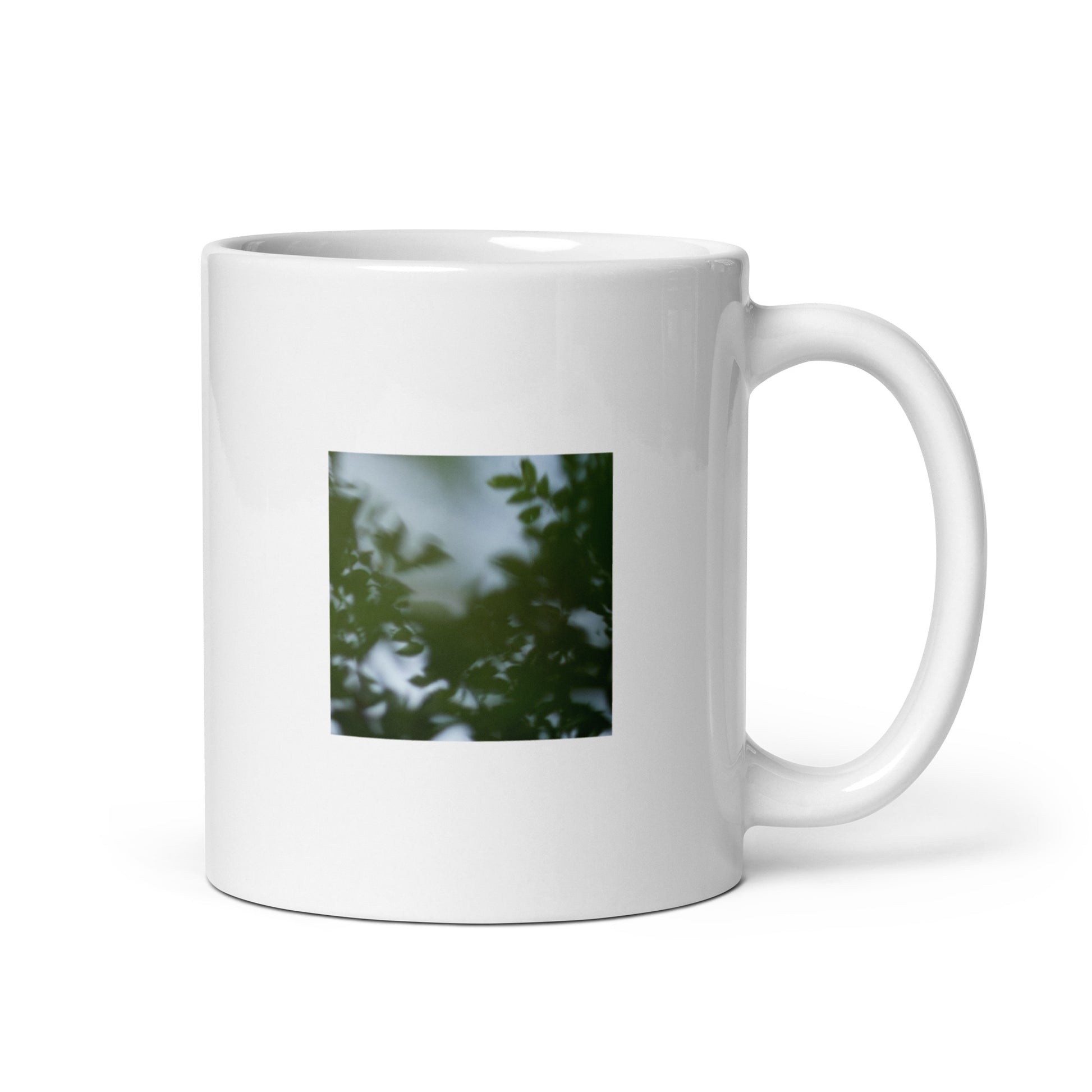 Minimalist streetwear style ceramic mug featuring a striking 'Tree Branches' botanical photograph. Glossy finish, 11 oz capacity, dishwasher and microwave safe. A sophisticated botanical accent for modern living. / 「Tree Branches」ボタニカル写真がプリントされたセラミックマグカップ。光沢仕上げ、容量11oz。洗練されたモダンな空間を演出するボタニカル・インテリア。
