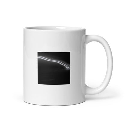 Minimalist streetwear style ceramic mug featuring an artistic 'Night Car Lights' black and white photograph print. / Night Car Lights (B&W) マグカップ：夜の車のライトを捉えたモノクロ写真デザイン。洗練されたモードストリート系ミニマリスト・マグカップ。