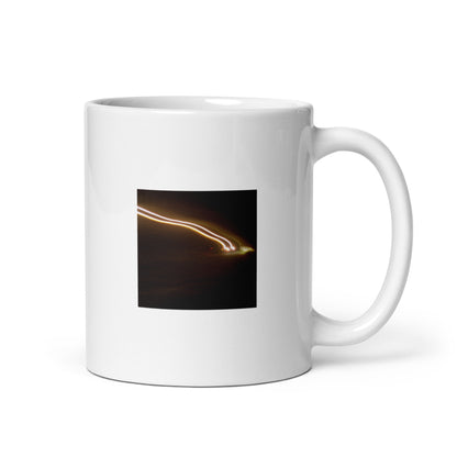 Minimalist streetwear style ceramic mug featuring an artistic 'Night Car Lights' photograph print. Glossy finish, 11 oz capacity. / Night Car Lights マグカップ：夜の車の光の軌跡を捉えたアート写真がプリントされた、モダンでミニマルなモードストリート系マグカップ。
