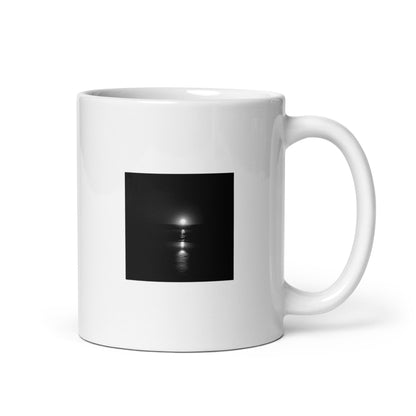 Minimalist white glossy ceramic mug featuring the 'Ocean Sunbeams (B&W)' photograph. / 「Ocean Sunbeams (B&W)」マグカップ：輝く海と光の反射をモノクロで表現した、モダンでミニマルなデザインのセラミックマグ。