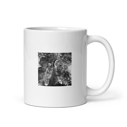 Minimalist streetwear style ceramic mug featuring the 'Eucalyptus Tree (B&W)' photo art. / フロントに「ユーカリの木（モノクロ）」のフォトアートを配した、モードストリート系デザインのマグカップ。