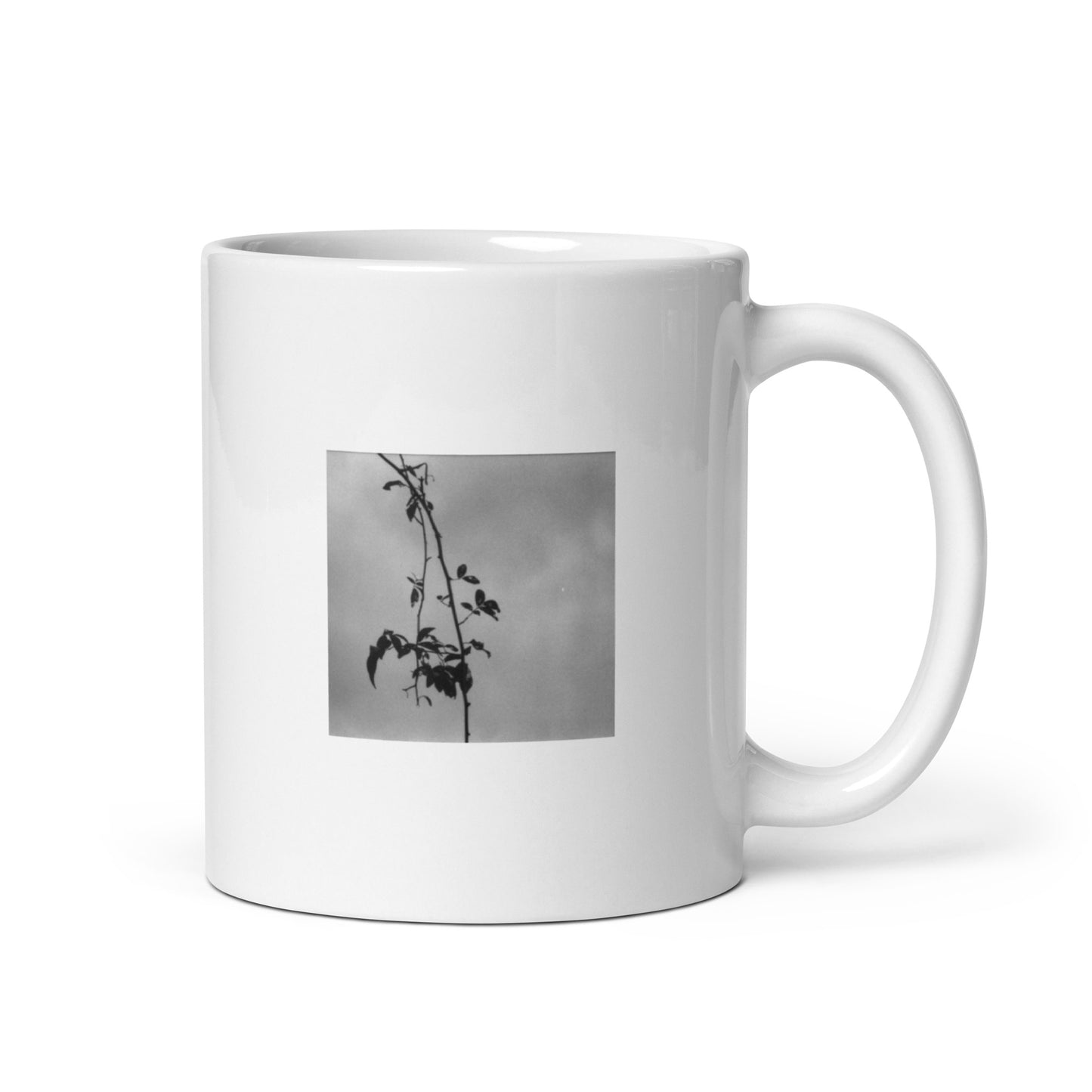 Minimalist streetwear style white glossy mug featuring the 'Tree Branches (B&W)' photo art. / モードストリート系ホワイト光沢マグカップ：「木の枝（モノクロ）」のフォトアートを配したデザイン。