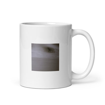 Minimalist streetwear style white glossy mug featuring the 'Cat (B&W)' photo art. / モードストリート系ホワイト光沢マグカップ：「猫（モノクロ）」のフォトアートを配したデザイン。