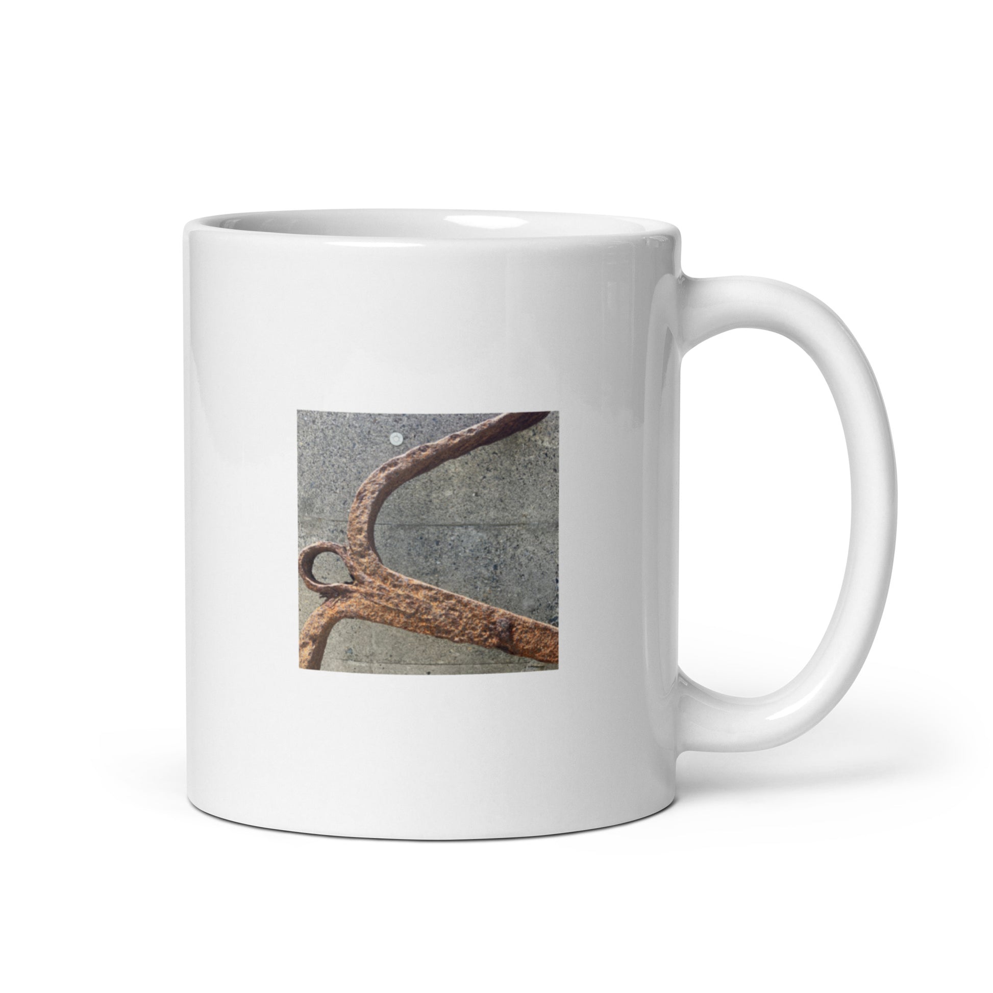 Minimalist streetwear style white glossy mug featuring the 'Anchor' photo art. / モードストリート系ホワイト光沢マグカップ：「アンカー（錨）」のフォトアートを配したデザイン。
