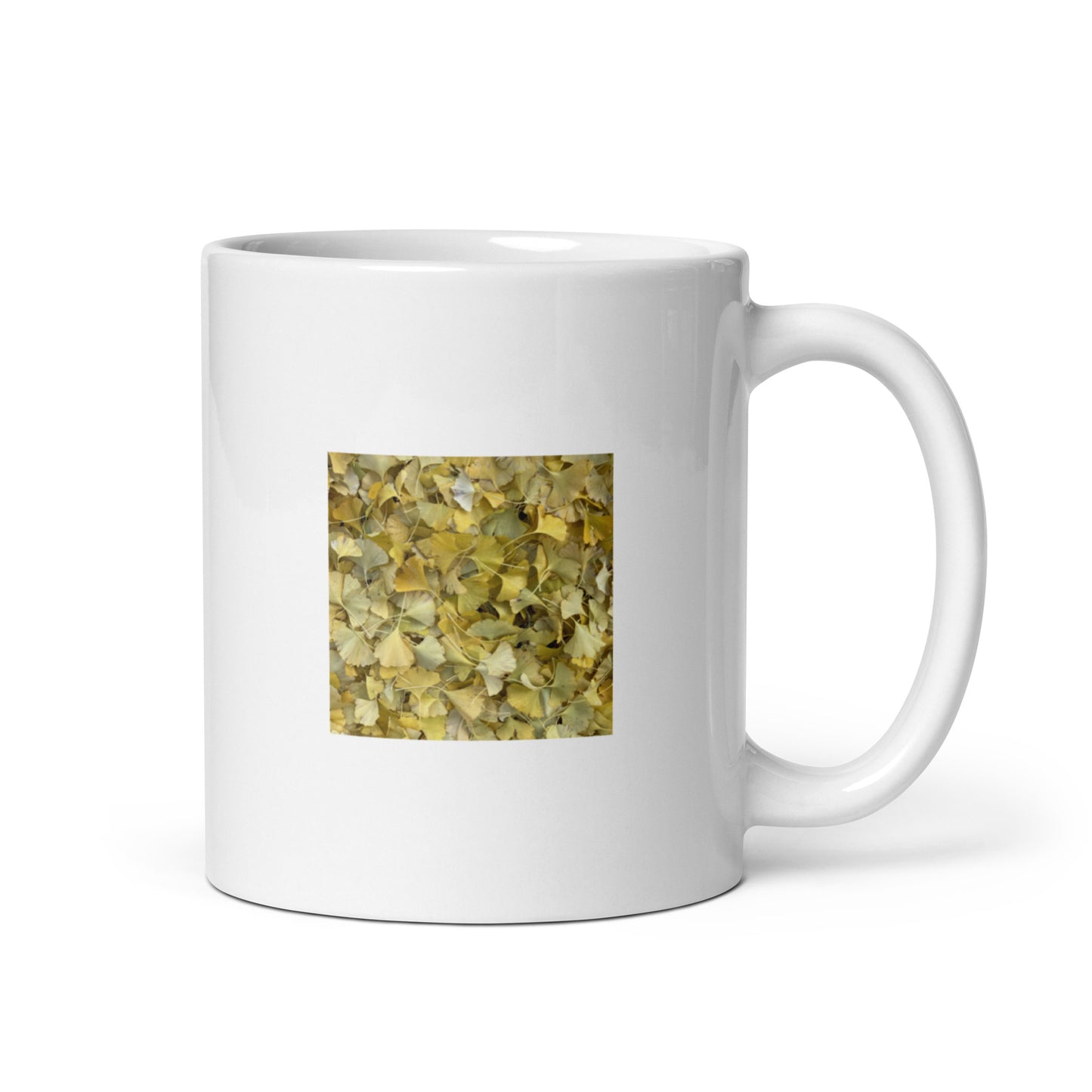 Minimalist art white glossy mug featuring the 'Ginkgo Leaves' photo art. / ホワイト光沢マグカップ：「イチョウの葉」のフォトアートを配したミニマリストデザイン。