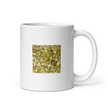 Minimalist art white glossy mug featuring the 'Ginkgo Leaves' photo art. / ホワイト光沢マグカップ：「イチョウの葉」のフォトアートを配したミニマリストデザイン。