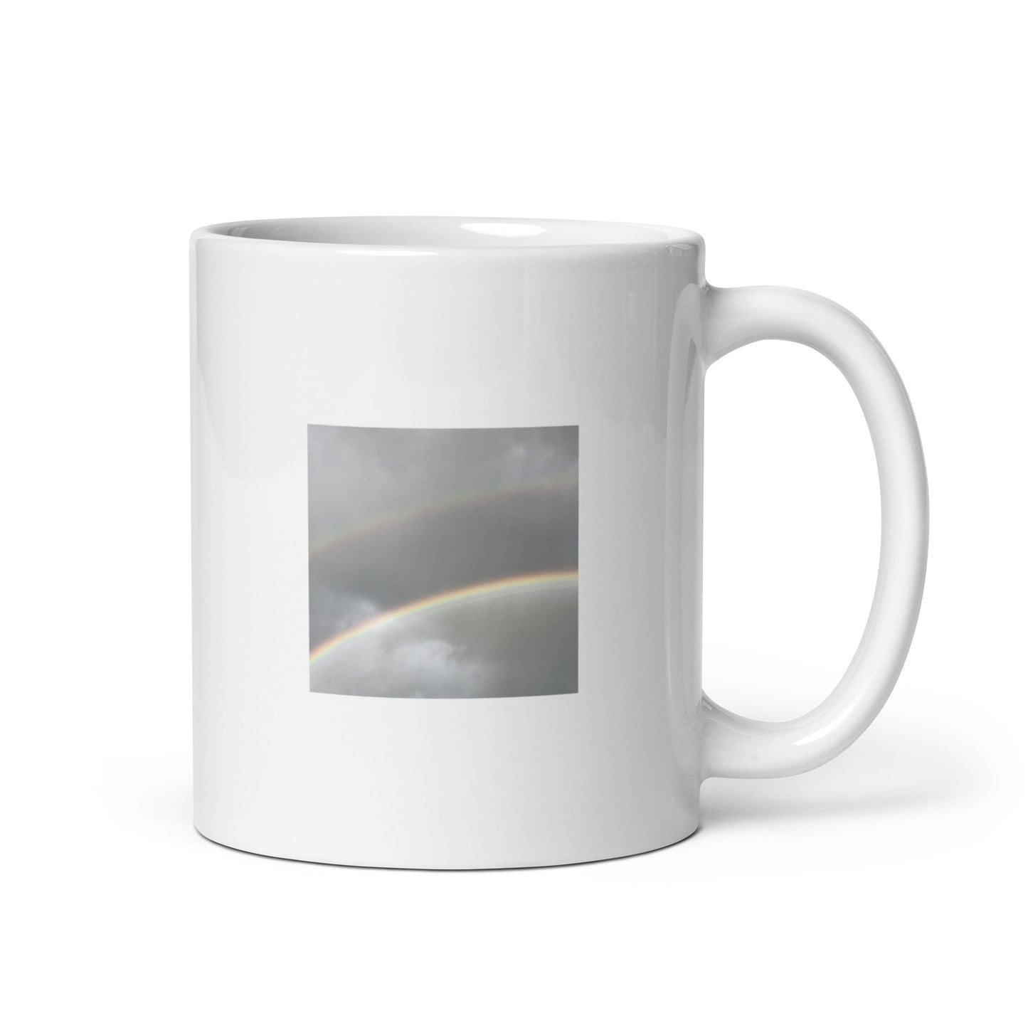 Minimalist art white glossy mug featuring the 'Double Rainbow' photo art. / ホワイト光沢マグカップ：「ダブルレインボー」のフォトアートを配したミニマリストデザイン。