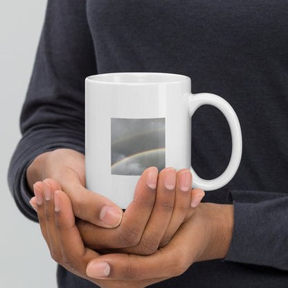 Minimalist art white glossy mug featuring the 'Double Rainbow' photo art. / ホワイト光沢マグカップ：「ダブルレインボー」のフォトアートを配したミニマリストデザイン。