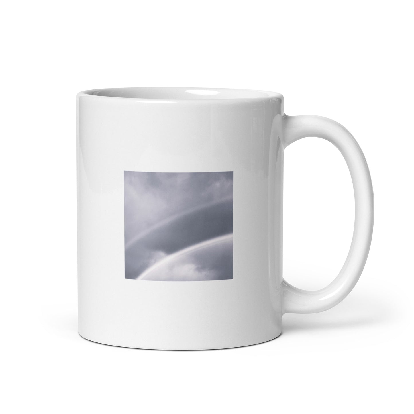 Minimalist art white glossy mug featuring the 'Double Rainbow (B&W)' photo art. / ホワイト光沢マグカップ：「ダブルレインボー (モノクロ)」のフォトアートを配したミニマリストデザイン。