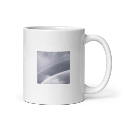Minimalist art white glossy mug featuring the 'Double Rainbow (B&W)' photo art. / ホワイト光沢マグカップ：「ダブルレインボー (モノクロ)」のフォトアートを配したミニマリストデザイン。