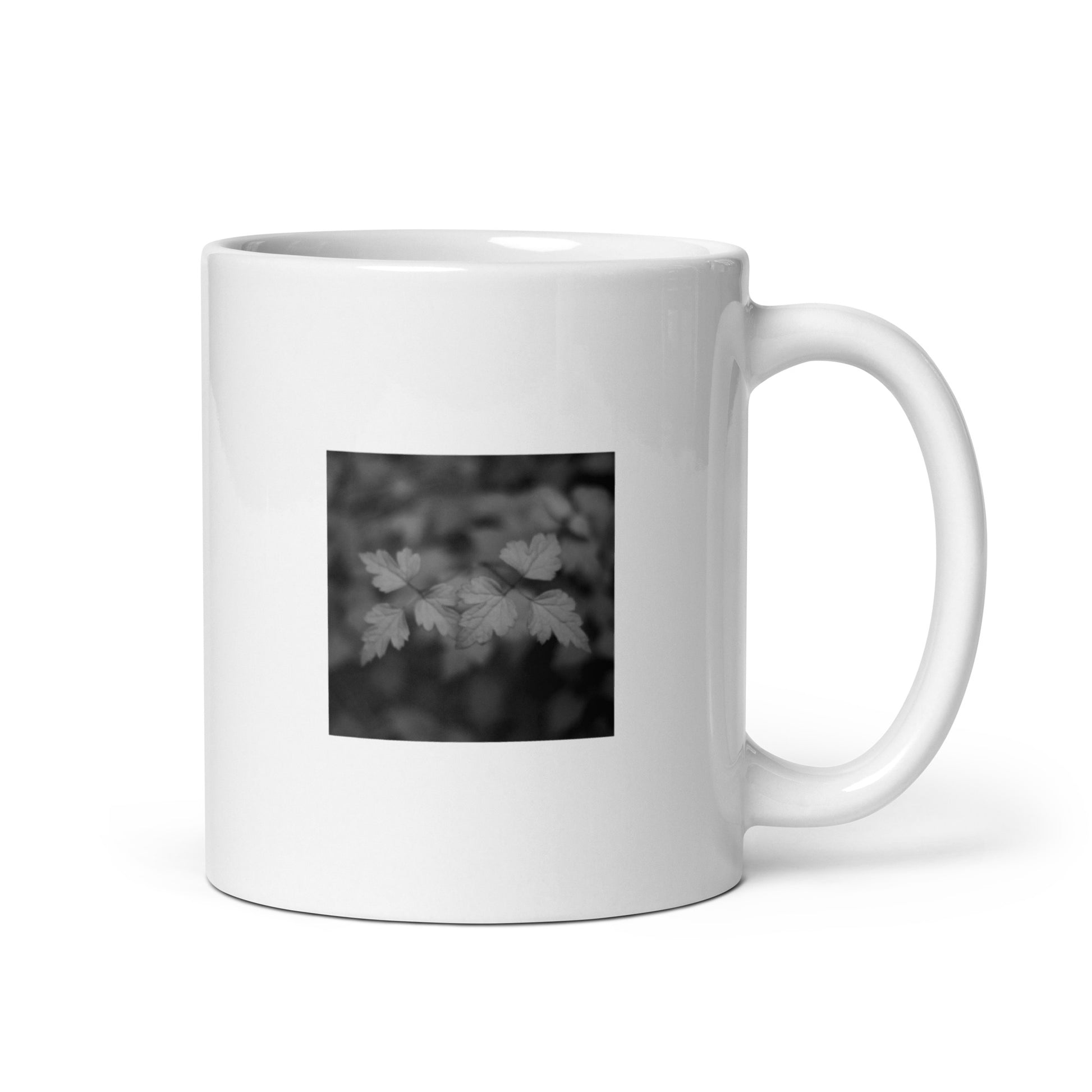 Minimalist art white glossy mug featuring the 'Plants (B&W)' photo art. / ホワイト光沢マグカップ：「プランツ (モノクロ)」のフォトアートを配したミニマリストデザイン。